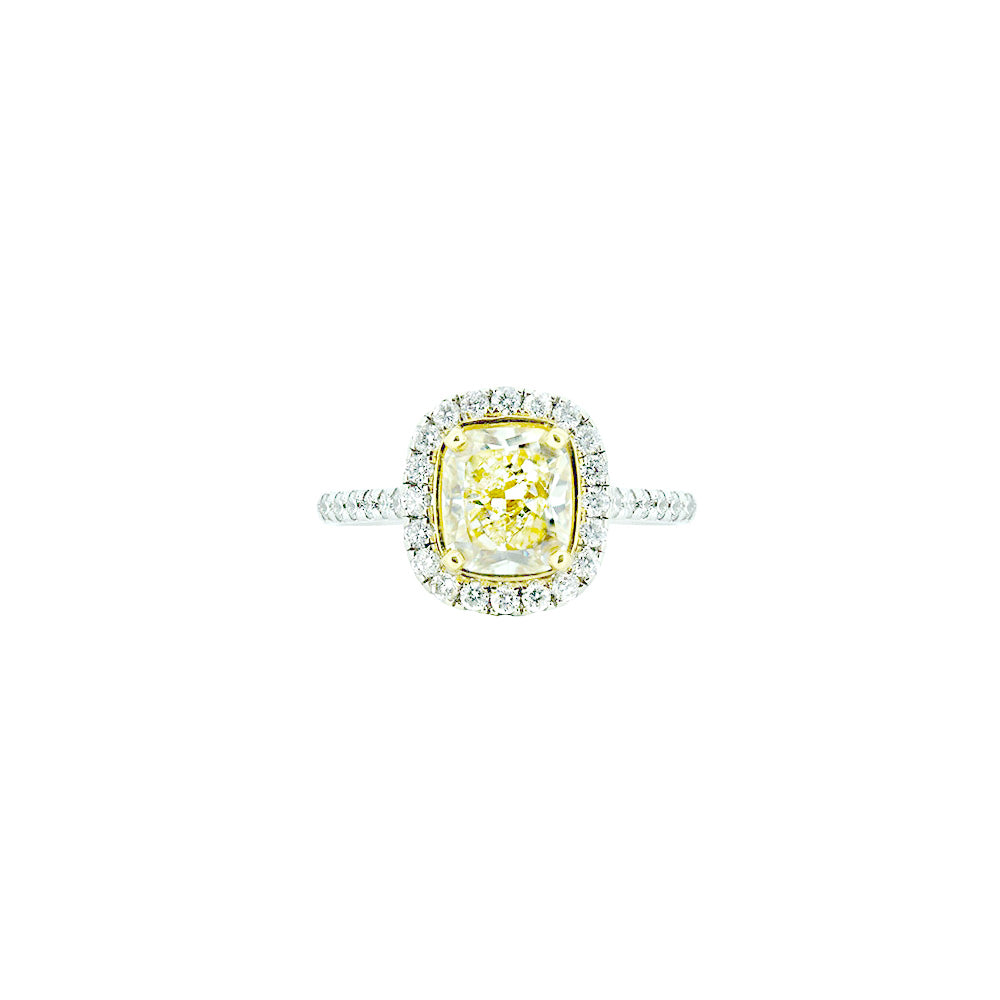 18 Karat White Gold Ring with Fancy Yellow Cushion Cut Diamond