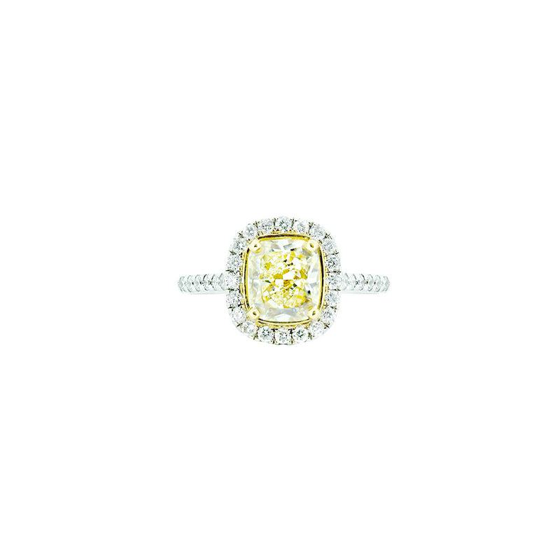 18 Karat White Gold Ring with Fancy Yellow Cushion Cut Diamond