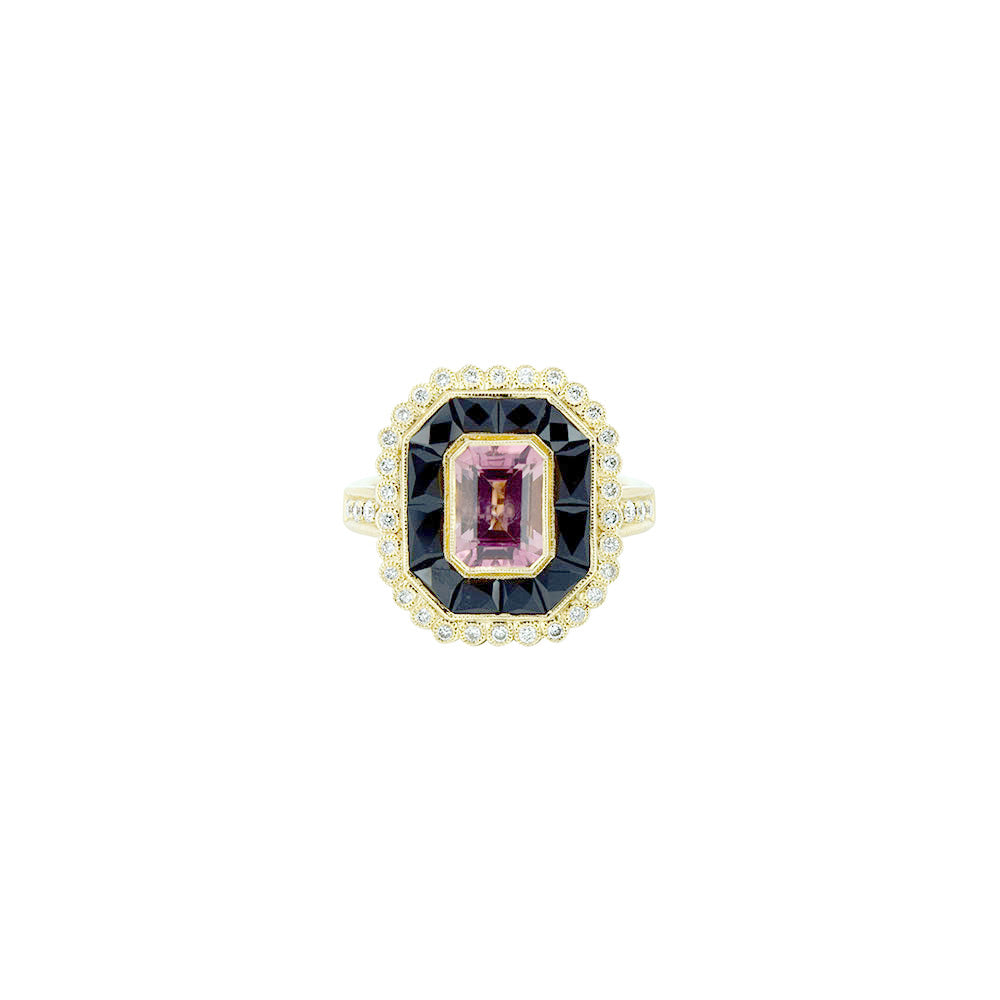 18 Karat Rose Gold Ring with Pink Tourmaline and Round White Diamonds