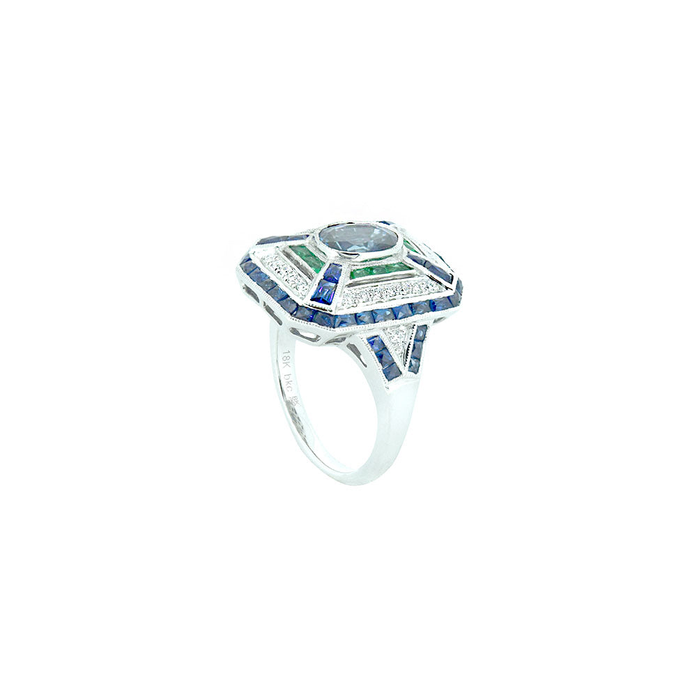 18 Karat White Gold Ring With Center Blue Oval Sapphire, Emeralds