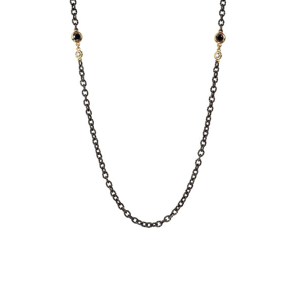 Sterling Silver CHARLIE Cable Chain with 14 Karat Yellow Gold Bezel Set Black and White Diamonds