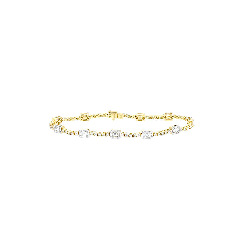 18 Karat Yellow Gold Station Bracelet with Baguette and Round Diamonds