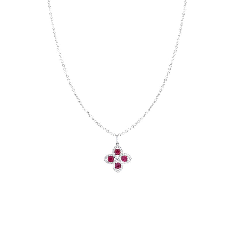 14 Karat White Gold Flower Pendant with Ruby and Diamonds