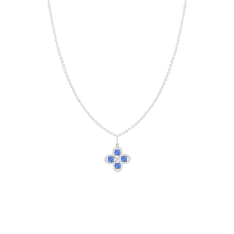 18 Karat White Gold Flower Pendant with Blue Sapphire and Diamonds