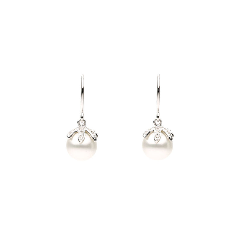 14 Karat White Gold Drop Earrings with White Fresh Water Pearls and Diamonds