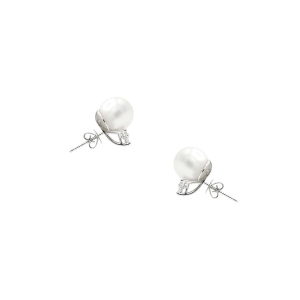 14 Karat White Gold Stud Earring with White Fresh Water Pearls and Diamonds
