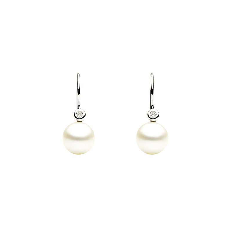 18 Karat White Gold Drop Earrings with White Fresh Water Pearls and Diamonds