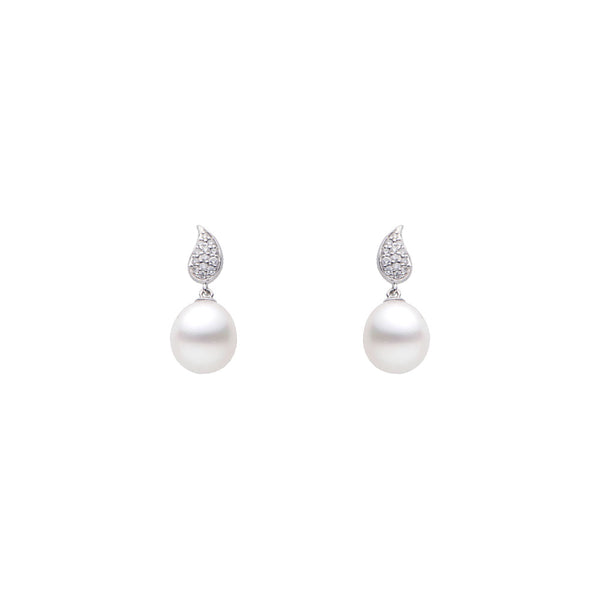 18 Karat White Gold Drop Earring with White South Sea Pearls and Diamonds