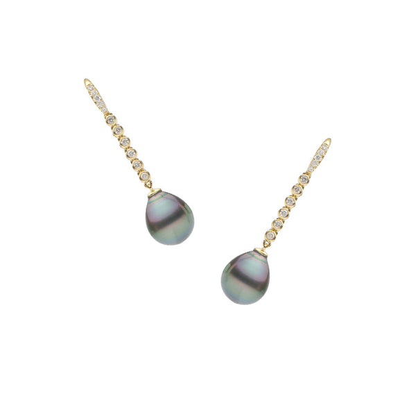 18 Karat Yellow Gold Drop Earrings with Tahitian Pearls and Diamonds