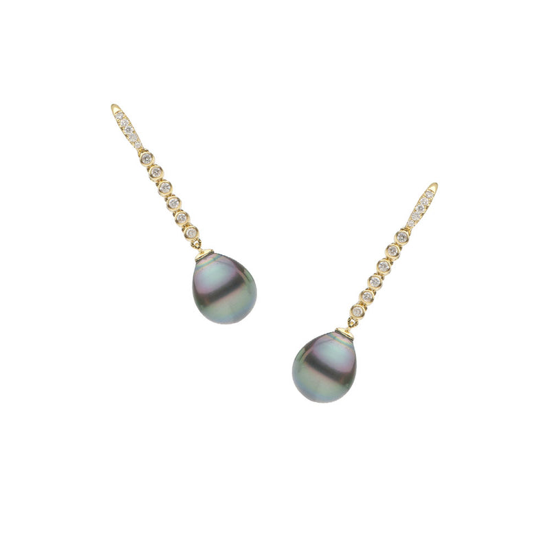 18 Karat Yellow Gold Drop Earrings with Tahitian Pearls and Diamonds
