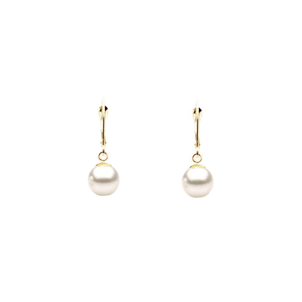 14 Karat Yellow Gold Drop Earrings with White Fresh Water Pearls and DSL Pearl