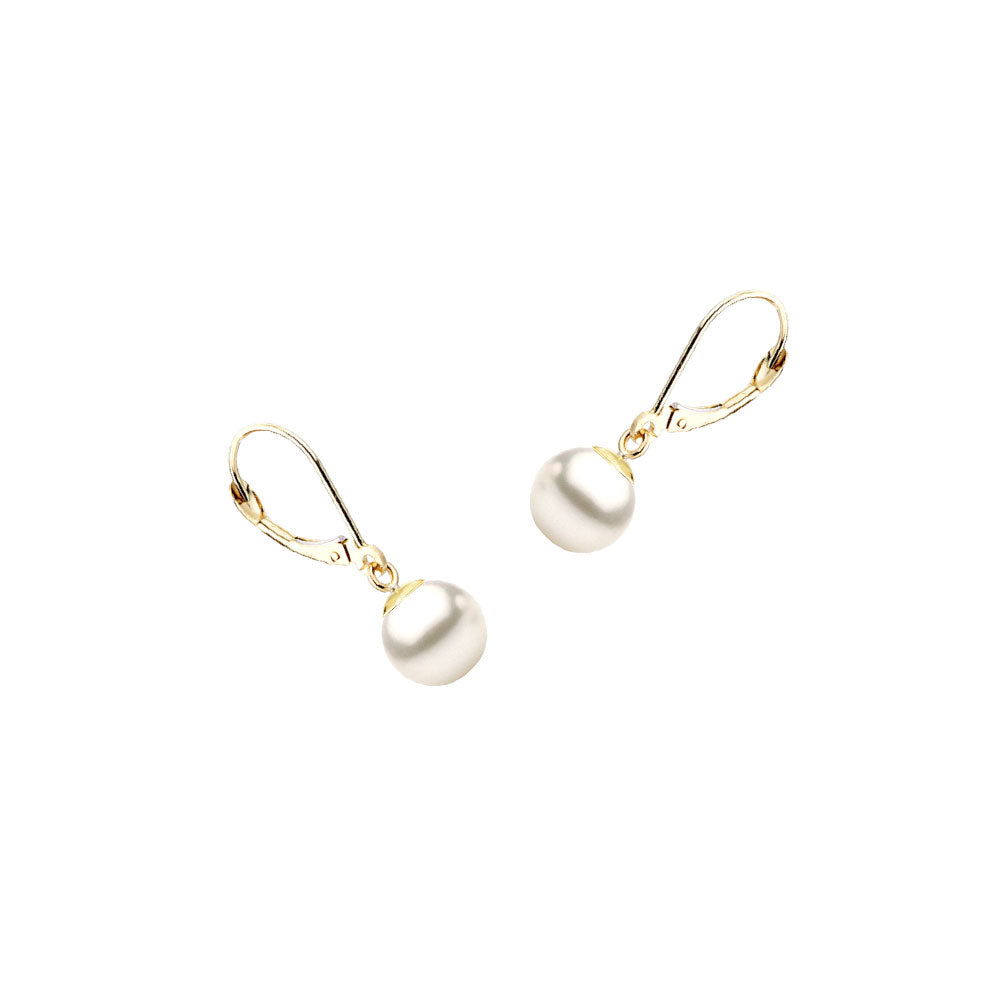 14 Karat Yellow Gold Drop Earrings with White Fresh Water Pearls and DSL Pearl