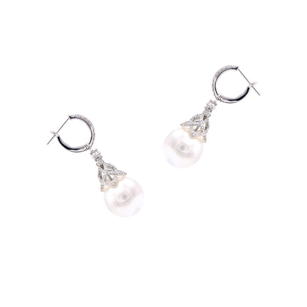 18 Karat White Gold Drop Earrings with White South Sea Pearls and Diamonds
