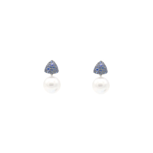 18 Karat White Gold and Black Rhodium with White South Sea Pearls and Blue Sapphires