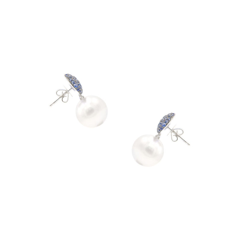 18 Karat White Gold and Black Rhodium with White South Sea Pearls and Blue Sapphires