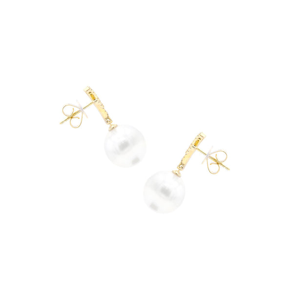 18 Karat Yellow Gold Drop Earrings with White South Sea Pearls and Diamonds