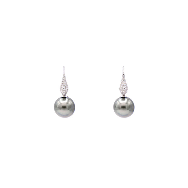18 Karat White Gold Drop Earrings with Tahitian Pearls and Diamonds