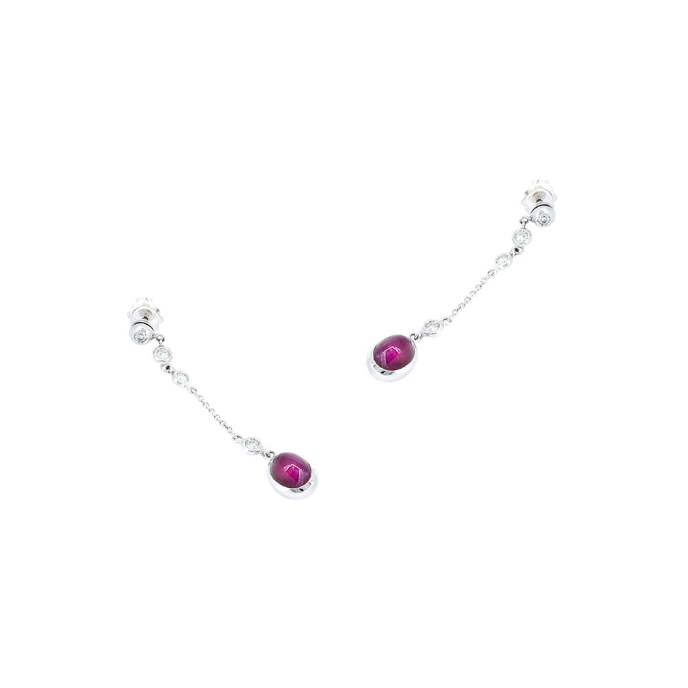 18 Karat White Gold Cabochon Ruby & Blue Sapphire and Diamond Drop Earrings