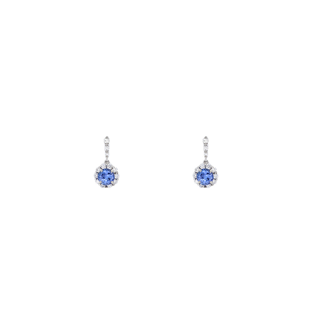 8 Karat White Gold Drop Earrings With 2 Round Tanzanites and Diamonds