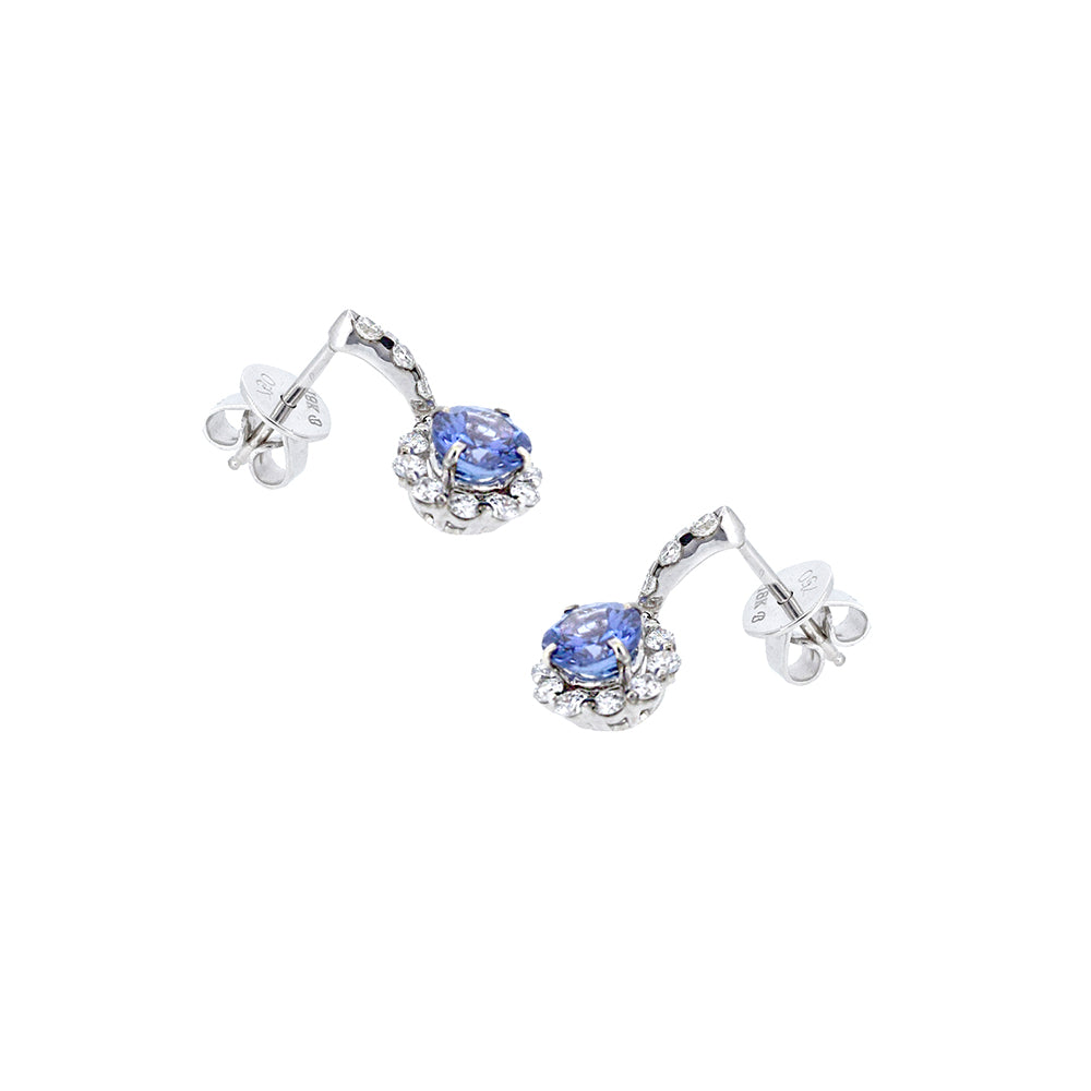 8 Karat White Gold Drop Earrings With 2 Round Tanzanites and Diamonds