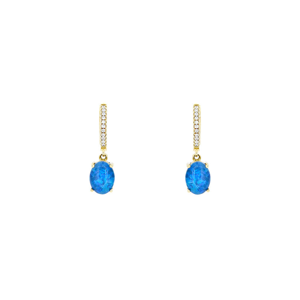 14 Karat Yellow Gold Drop Earrings with Doublet Opals and Diamonds