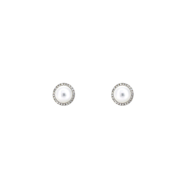 14 Karat White Gold Halo Earrings with Freshwater Pearl and Diamonds