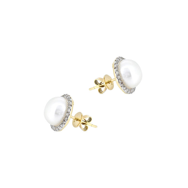 14 Karat White Gold Halo Earrings with Freshwater Pearl and Diamonds