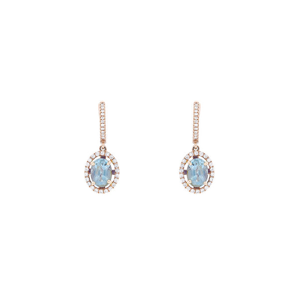 14 Karat Rose Gold Drop Earrings with Aquamarine and Diamonds