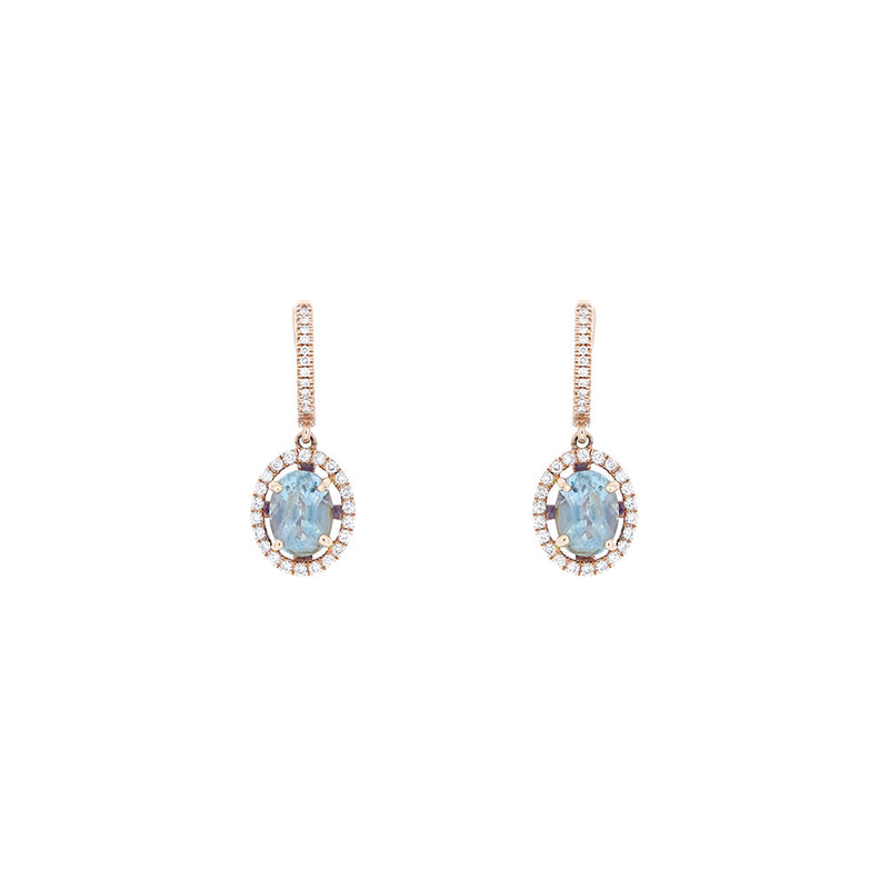 14 Karat Rose Gold Drop Earrings with Aquamarine and Diamonds