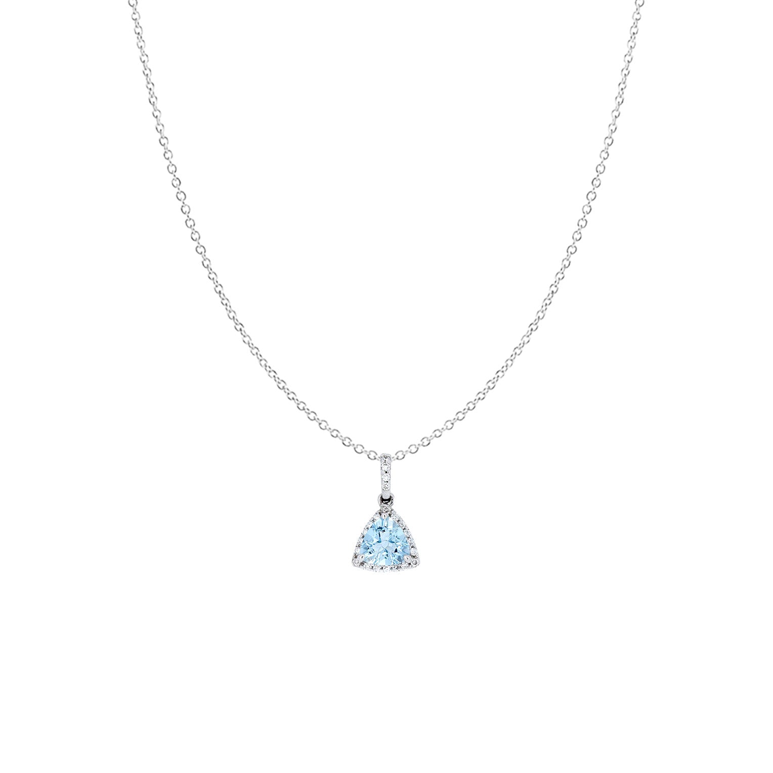 18 Karat White Gold Halo Pendant with trillian Aquamarine and Diamonds