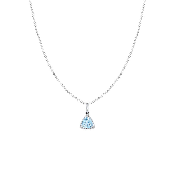 18 Karat White Gold Halo Pendant with trillian Aquamarine and Diamonds