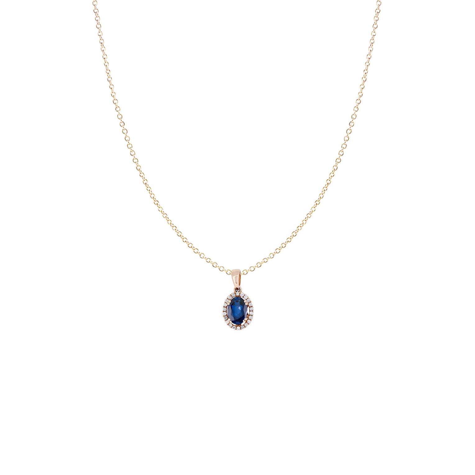 14 karat Rose Gold Halo Pendant with Blue Sapphire and Diamonds