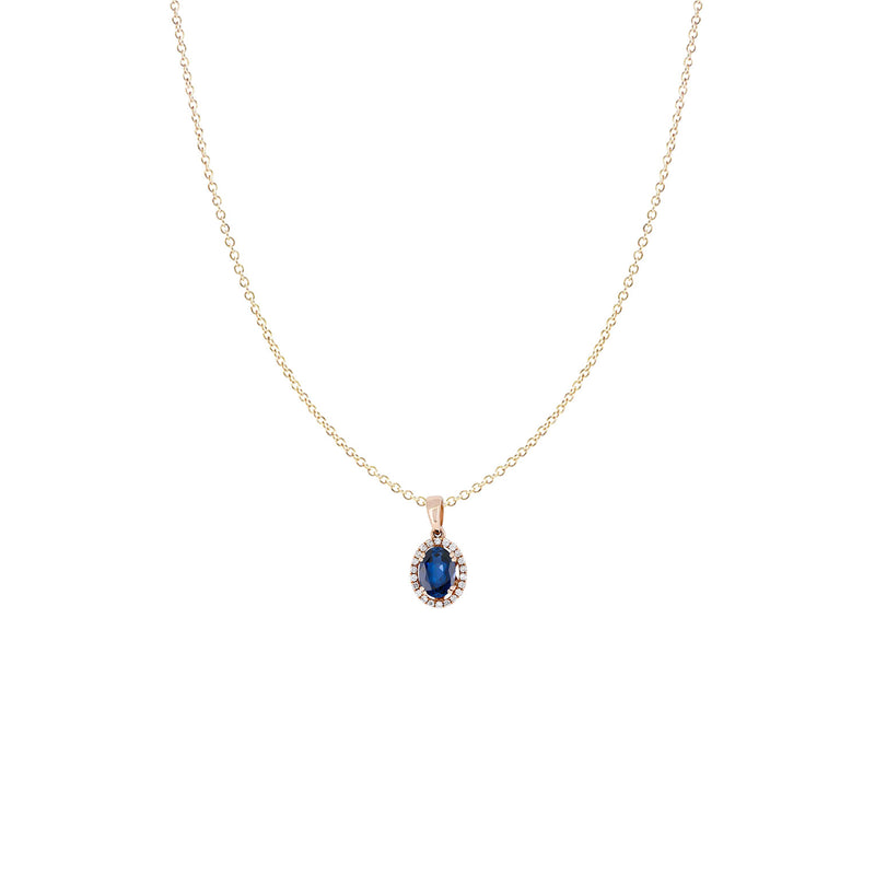 14 karat Rose Gold Halo Pendant with Blue Sapphire and Diamonds