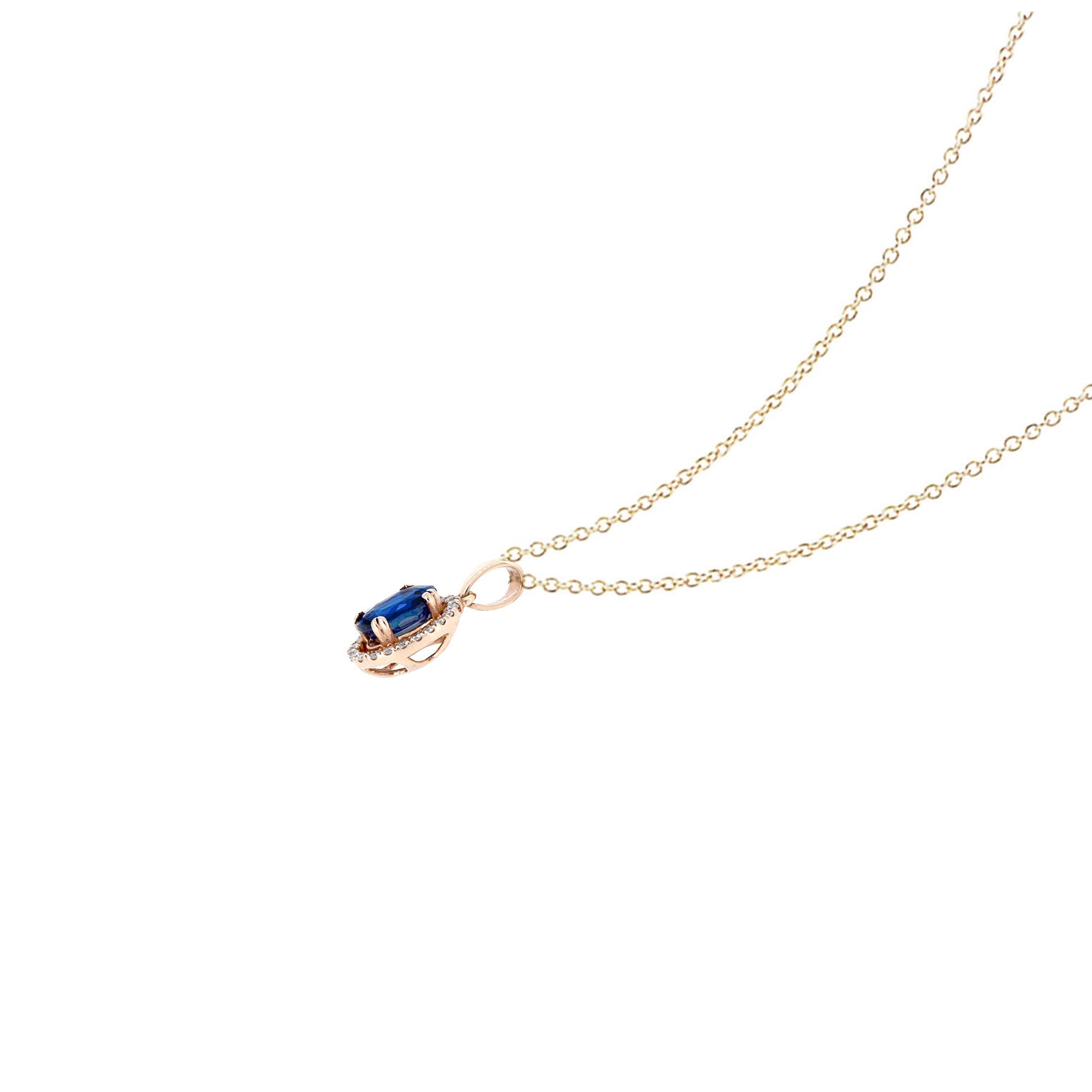 14 karat Rose Gold Halo Pendant with Blue Sapphire and Diamonds