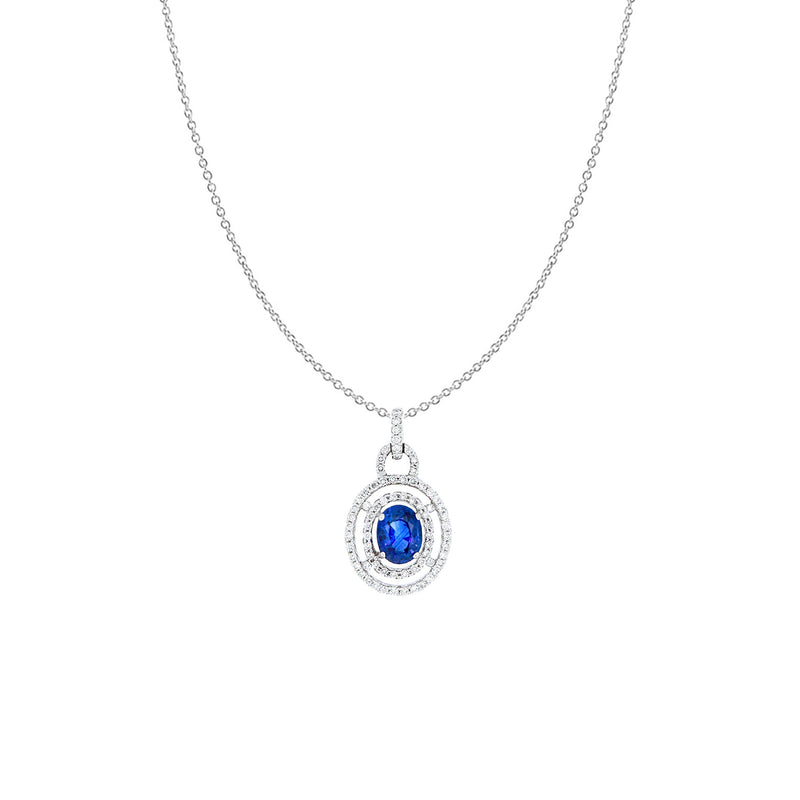 18 Karat White Gold Double halo Pendant with Blue sapphire and Diamonds