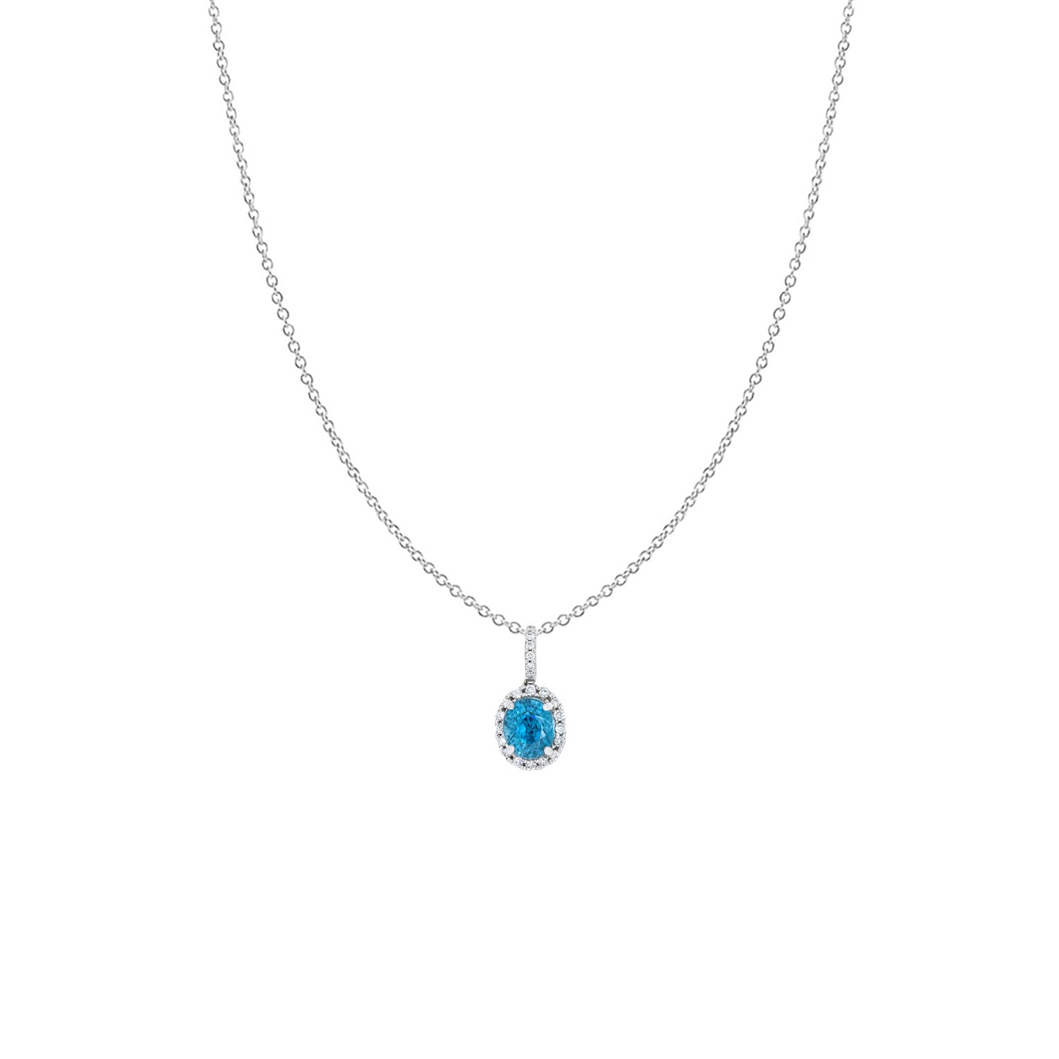 18 Karat White Gold Halo Pendant with Blue Zircon and Diamonds