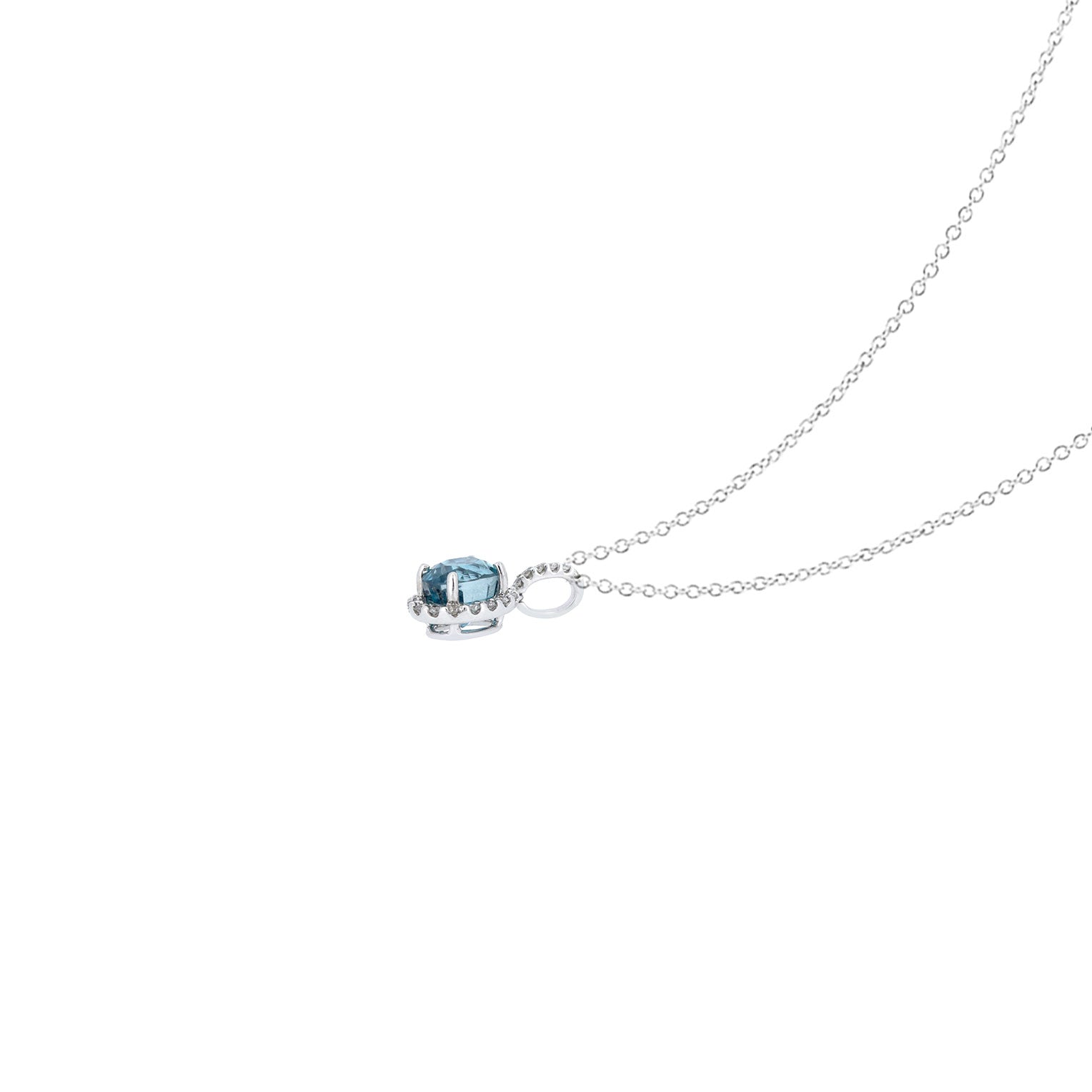 18 Karat White Gold Halo Pendant with Blue Zircon and Diamonds