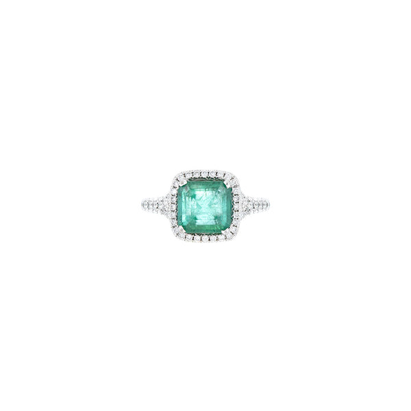 18 Karat White Gold Ring With Emerald and Diamond Halo