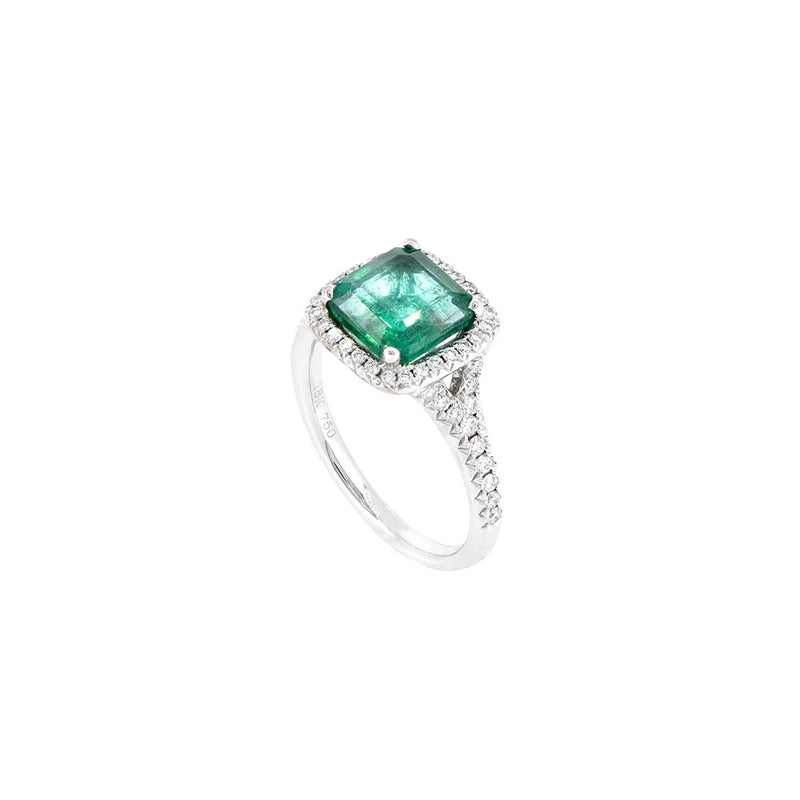 18 Karat White Gold Ring With Emerald and Diamond Halo