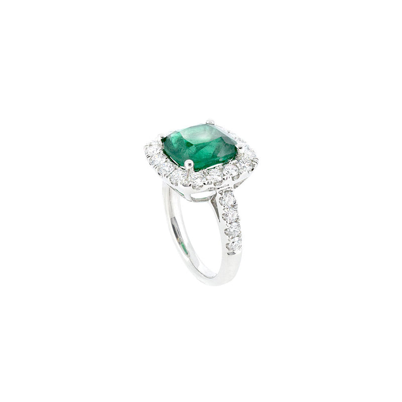 Platinum Ring With Cushion Cut Emerald and Diamond Halo