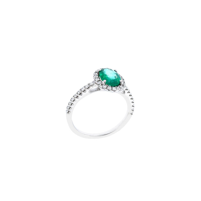 14 Karat Whiite Gold Halo Ring with Emerald and Diamond