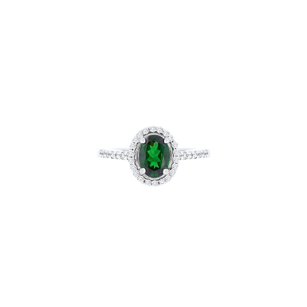 18 Karat White Gold Halo RIng with Tsavorite Garnet and Diamonds