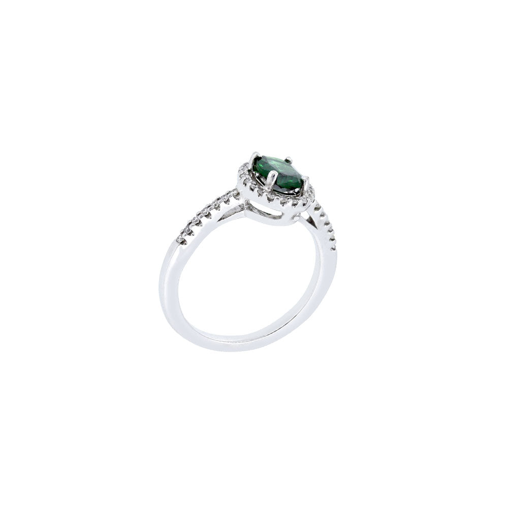 18 Karat White Gold Halo RIng with Tsavorite Garnet and Diamonds