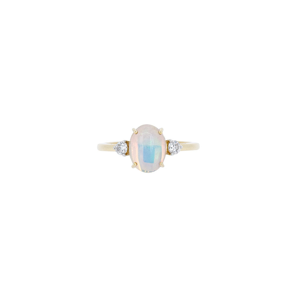 14 Karat Yellow Gold Three Stone RIng with Opal and Diamonds