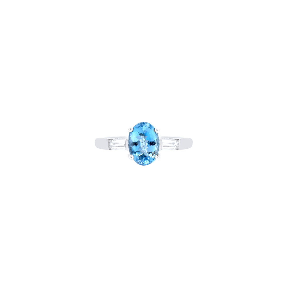 Platinum Three Stone RIng with Aquamarine and Diamonds