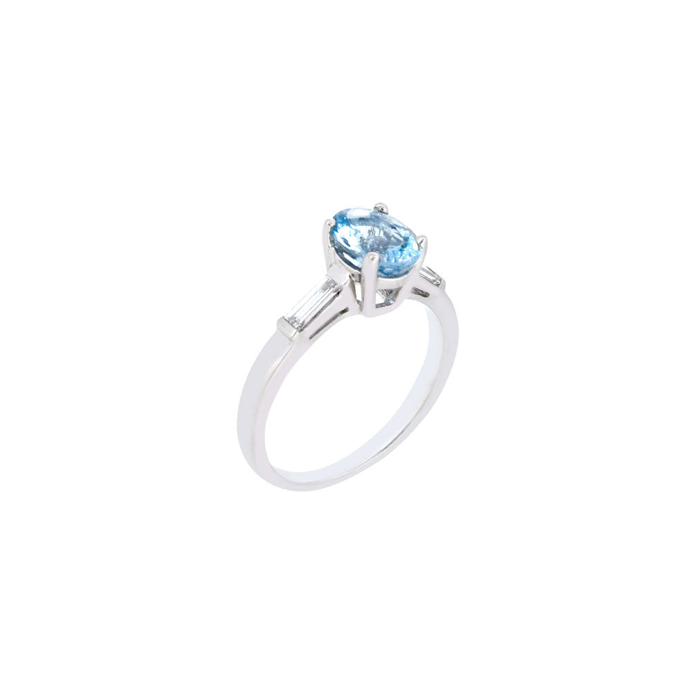 Platinum Three Stone RIng with Aquamarine and Diamonds