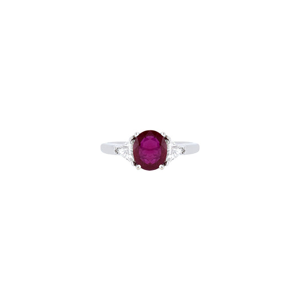 18 Karat White Gold 3 stone ring with GIA Oval Ruby and 2 Triangle Diamonds