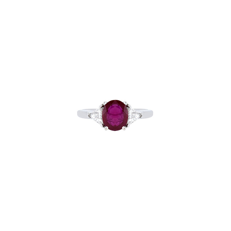 18 Karat White Gold 3 stone ring with GIA Oval Ruby and 2 Triangle Diamonds