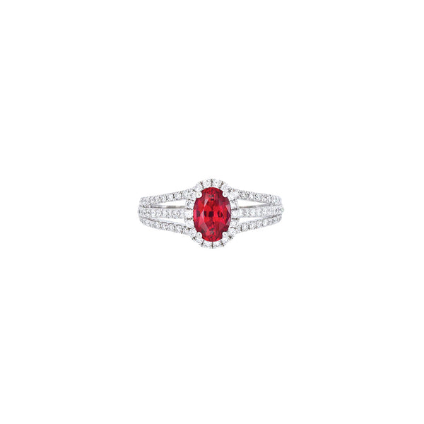 14 Karat White Gold Ring With One Oval African Ruby and Round Diamonds
