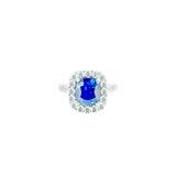 Platinum Ring with Cushion Cut Royal Blue Sapphire Diamond Halo